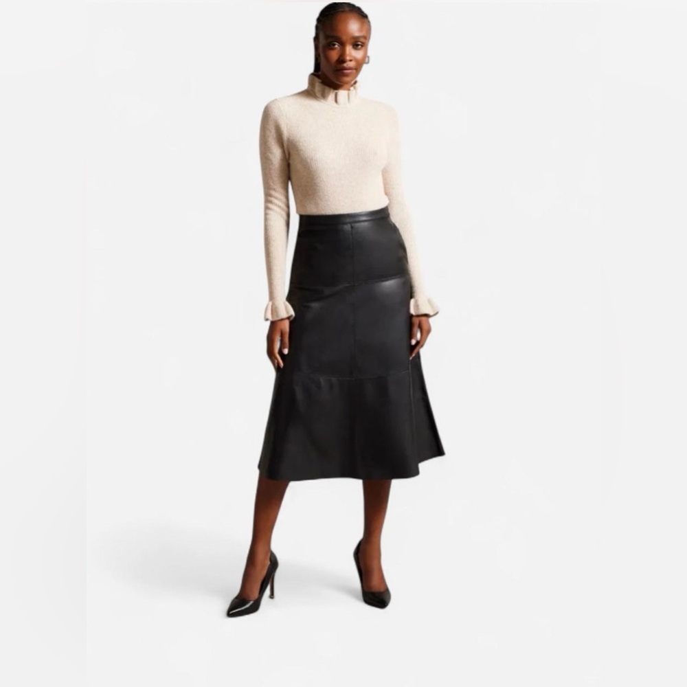 Ted Baker London Black Leather Panel A-Line Style High Waisted Midi Skirt